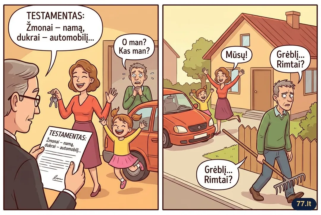 Testamentas: „Žmonai palieku namą, dukrai – automobilį, o kaimynui, kuris dvidešimt metų skolinosi mano grėblį, – pagaliau grėblį.“