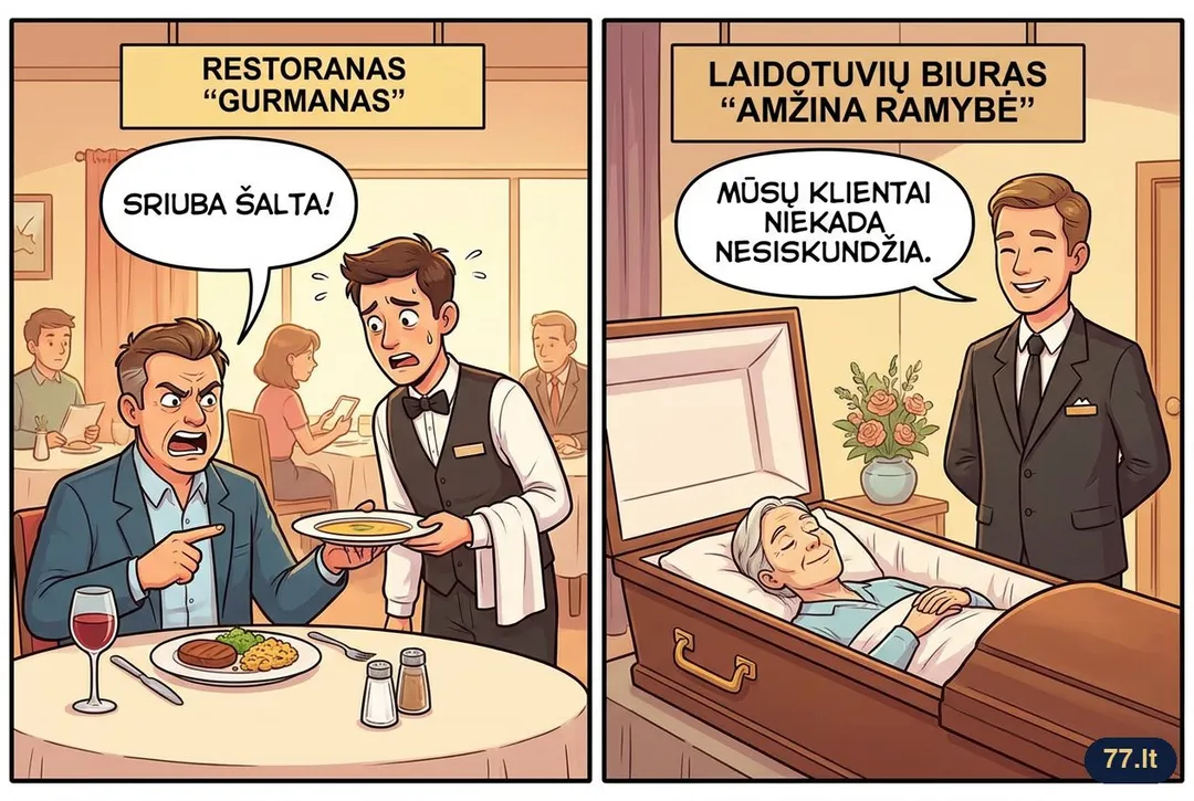 Laidotuvių biuro reklama: „Mūsų klientai niekada nesiskundžia.“