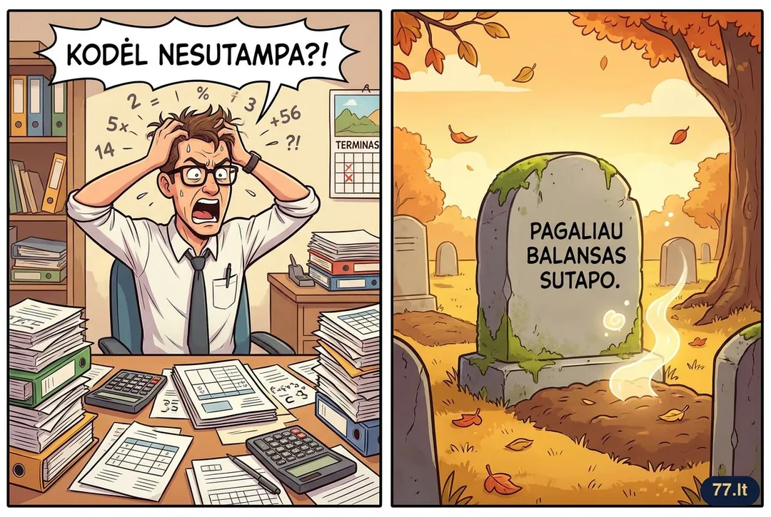 Užrašas ant buhalterio antkapio: „Pagaliau balansas sutapo.“