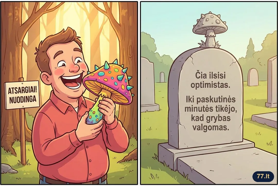 Užrašas ant antkapio: „Čia ilsisi optimistas. Iki paskutinės minutės tikėjo, kad grybas valgomas.“