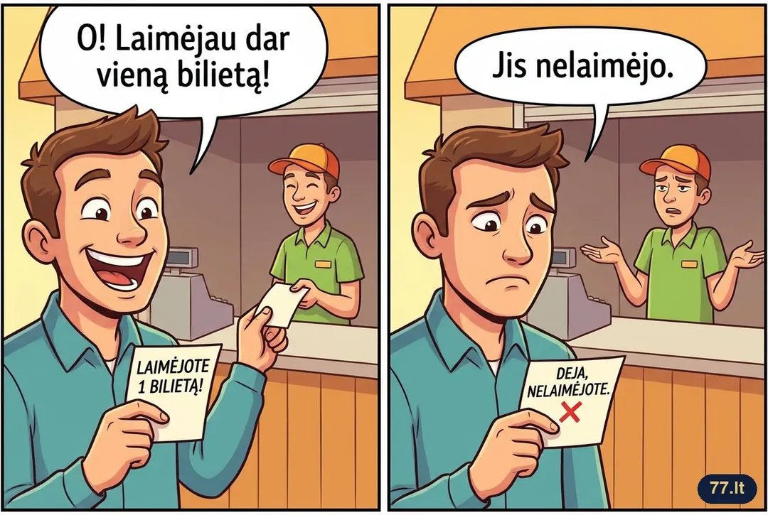 Nusipirkau loterijos bilietą ir laimėjau dar vieną bilietą. Jis nelaimėjo.