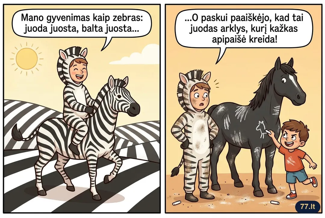 Mano gyvenimas kaip zebras: juoda juosta, balta juosta, juoda juosta. O paskui paaiškėjo, kad tai juodas arklys, kurį kažkas apipaišė kreida.