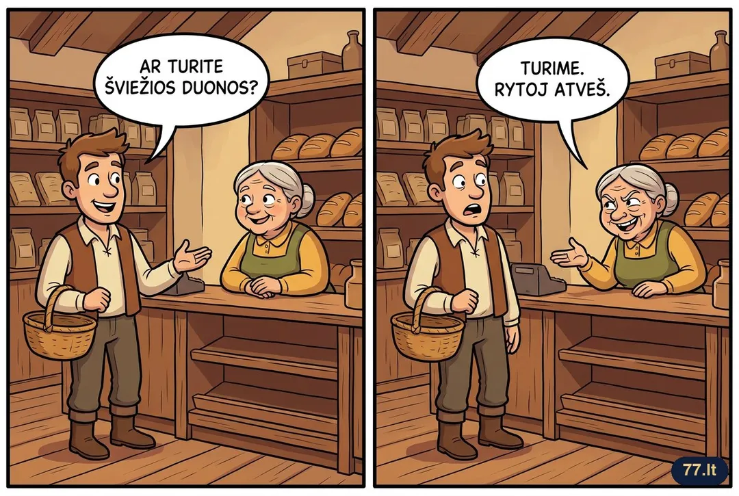 Kaimo parduotuvėje:
– Ar turite šviežios duonos?
– Turime. Rytoj atveš.