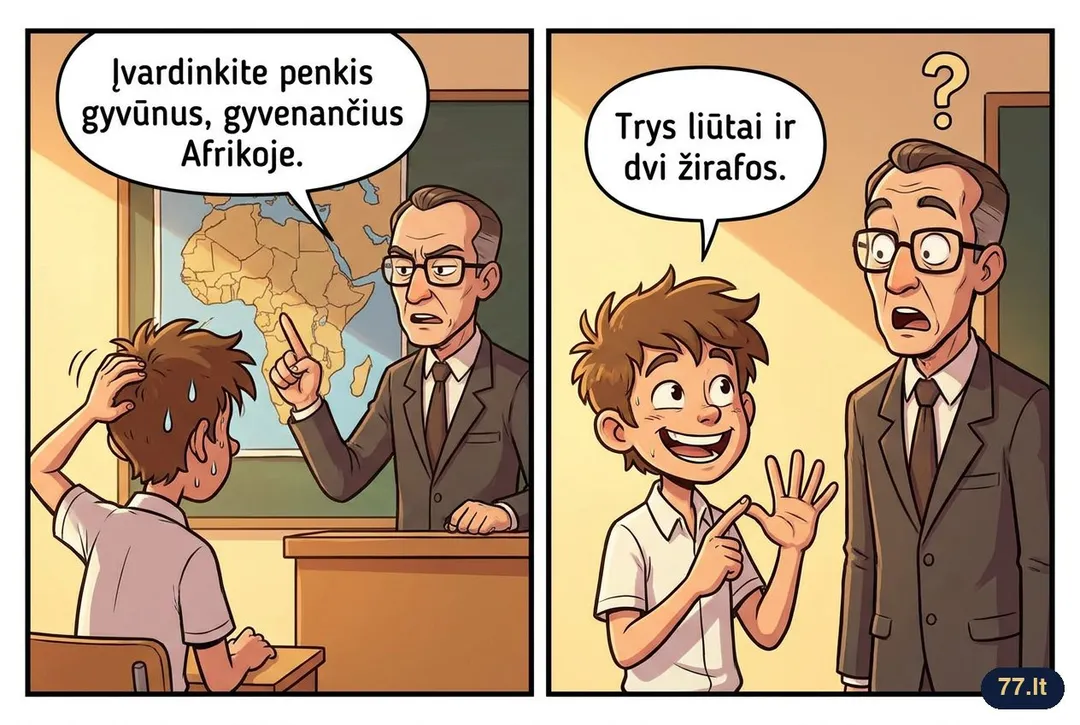 – Įvardinkite penkis gyvūnus, gyvenančius Afrikoje.
– Trys liūtai ir dvi žirafos.