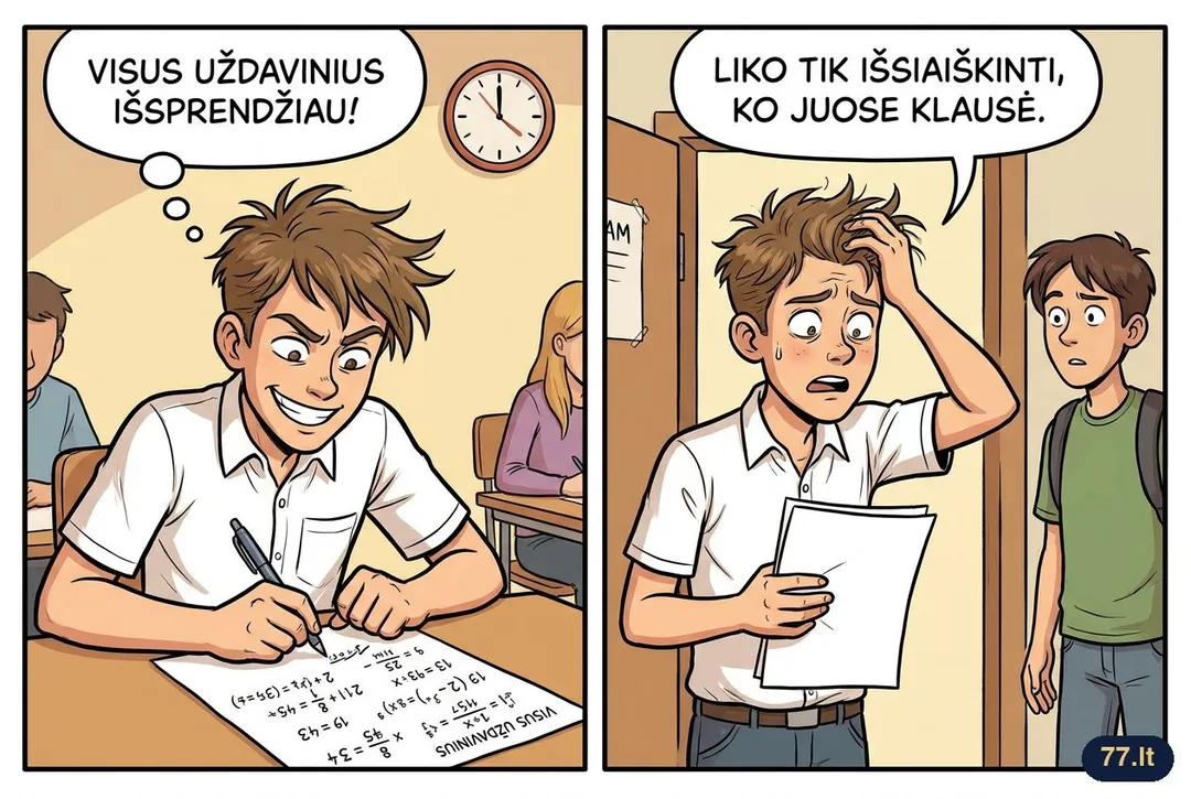 Abiturientas po matematikos egzamino:
– Visus uždavinius išsprendžiau. Liko tik išsiaiškinti, ko juose klausė.
