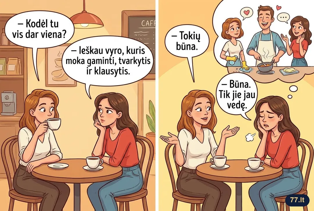 – Kodėl tu vis dar viena?
– Ieškau vyro, kuris moka gaminti, tvarkytis ir klausytis.
– Tokių būna.
– Būna. Tik jie jau vedę.