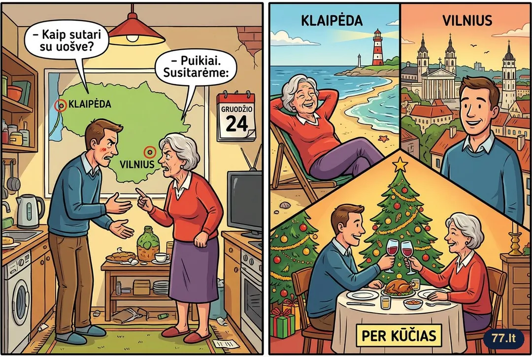 – Kaip sutari su uošve?
– Puikiai. Susitarėme: ji gyvena Klaipėdoje, aš – Vilniuje, o susitinkame per Kūčias.