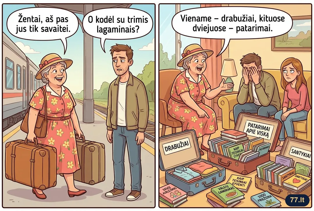 Uošvė stotyje:
– Žentai, aš pas jus tik savaitei.
– O kodėl su trimis lagaminais?
– Viename – drabužiai, kituose dviejuose – patarimai.