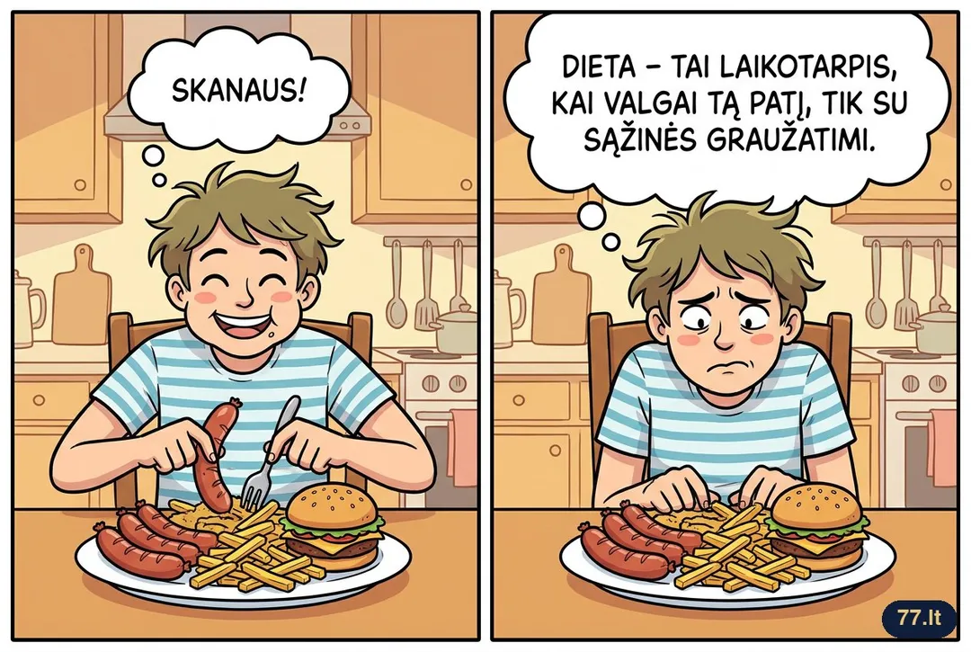 Dieta – tai laikotarpis, kai valgai tą patį, tik su sąžinės graužatimi.