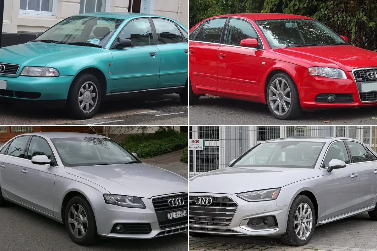 Audi A4: kartos B5–B9, matmenys, varikliai ir palyginimas su BMW 3 bei C klase