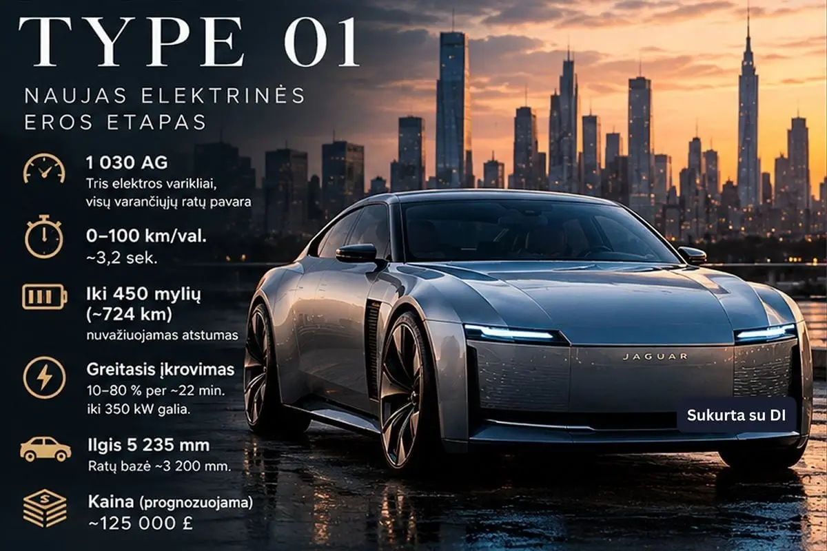Jaguar pristatė naująjį Type 01: daugiau kaip 1 000 AG, 450 mylių nuotolis ir apie 125 tūkst. svarų sieksianti kaina