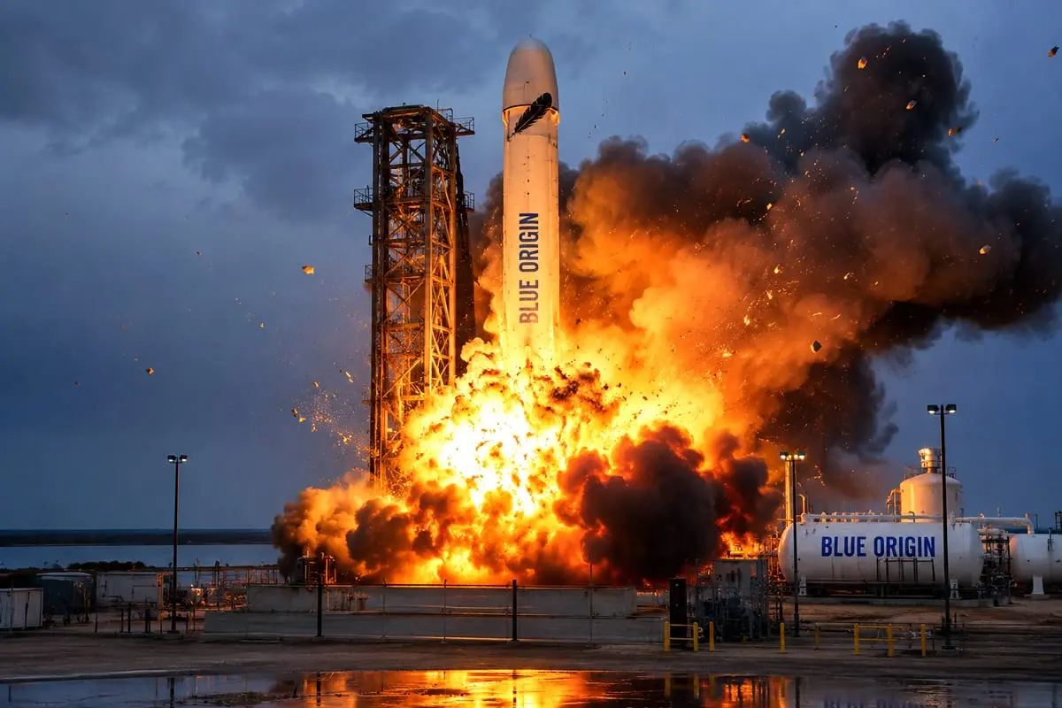 „Blue Origin“ 98 metrų raketa sprogo bandymo metu: J. Bezoso kosminė ambicija gavo skaudų smūgį