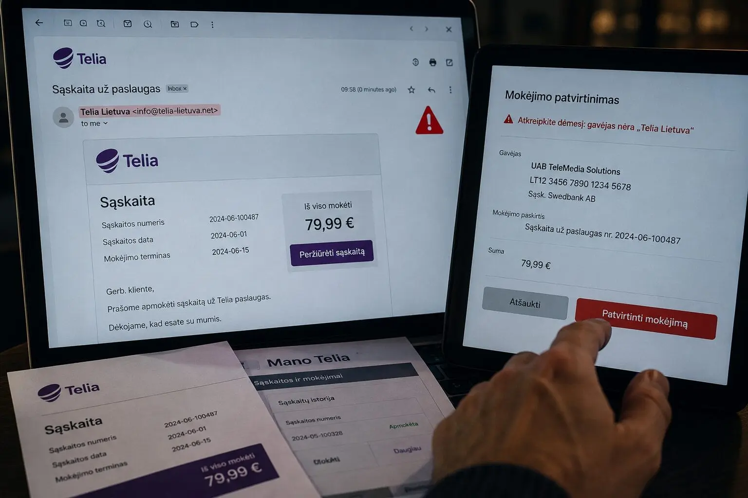 Sukčiai pradėjo siųsti tikroviškai atrodančias „Telia“ sąskaitas – pinigai nukreipiami į svetimas bankų sąskaitas