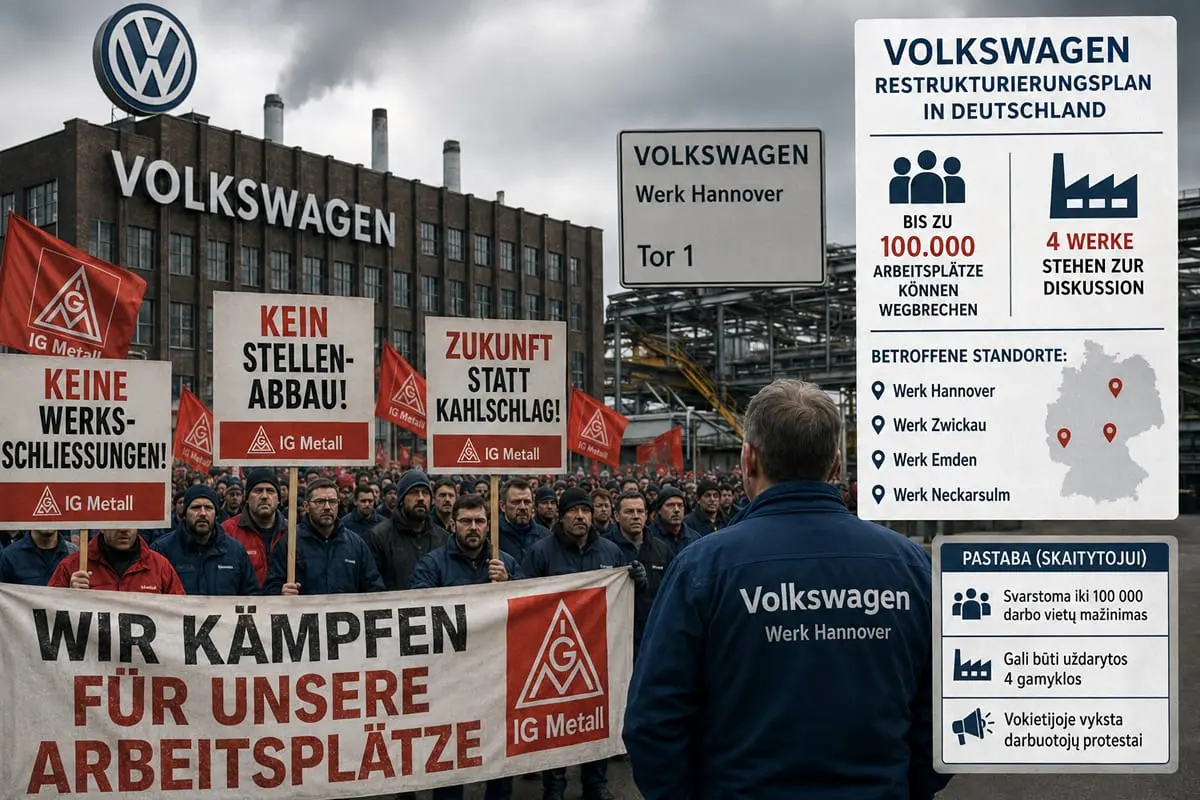„Volkswagen“ svarsto iki 100 tūkst. darbo vietų mažinimą ir keturių gamyklų uždarymą