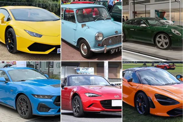 Skirtingų markių automobiliai: geltonas Lamborghini Huracán, žydras klasikinis Mini, žalias Porsche 911, mėlynas Ford Mustang, raudona Mazda MX-5 ir oranžinis McLaren 720S