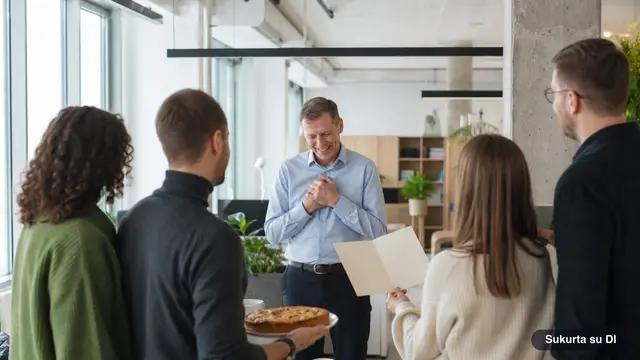 Kolegos biure su pyragu ir atviruku sveikina savo vadovę Boso dienos proga