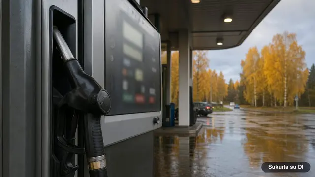 Dyzelino pistoletas degalinės kolonėlėje rudens rytą