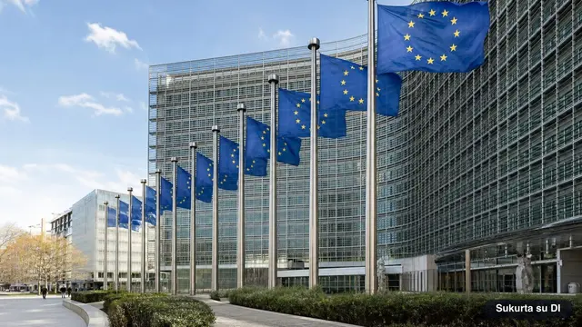 Europos Sąjungos vėliavos prie Europos Komisijos būstinės Briuselyje