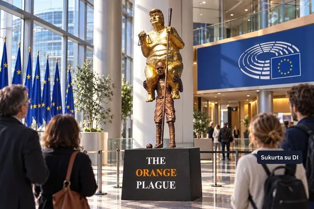 Europos Parlamente – nuogo Donaldo Trumpo skulptūra: auksas dengia kandžią politinę satyrą
