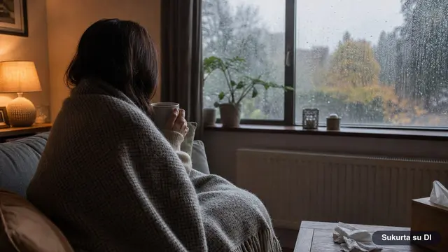 Peršalęs žmogus po pledu su arbatos puodeliu ir termometru