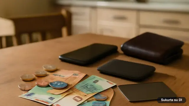 Eurų banknotai ir monetos ant stalo šalia mokėjimo kortelės ir išmaniojo telefono