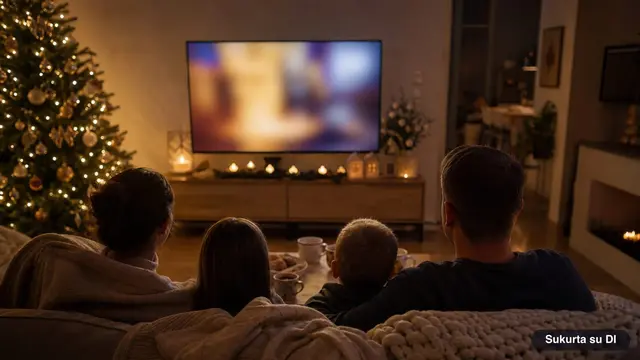 Šeima su pledais ir arbata žiūri filmą jaukiame kambaryje prie papuoštos Kalėdų eglutės