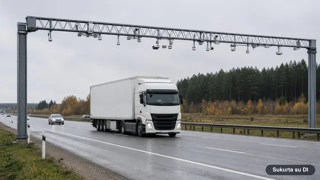 Sunkvežimis važiuoja magistraliniu keliu Lietuvoje, virš kelio – eismo kontrolės kameros