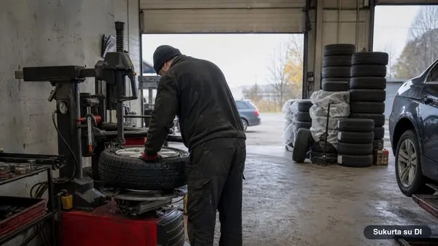 Mechanikas servise montuoja žieminę padangą ant lengvojo automobilio rato