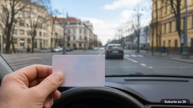 Vairuotojas prie automobilio vairo laiko naują vairuotojo pažymėjimą