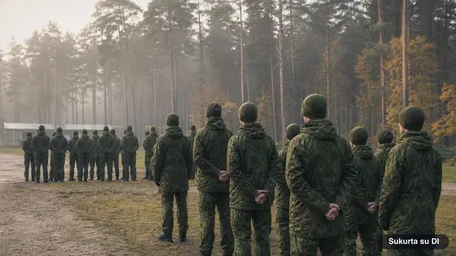 Jauni kariai su uniformomis rikiuojasi kariniame poligone ankstų rudens rytą