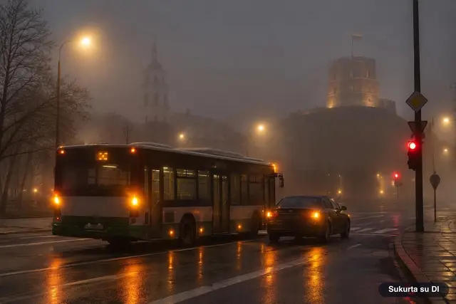 Ukmergės gatvėje, ties Tarande, rūke susidūrė autobusas ir „Mercedes-Benz“: eismas sustabdytas
