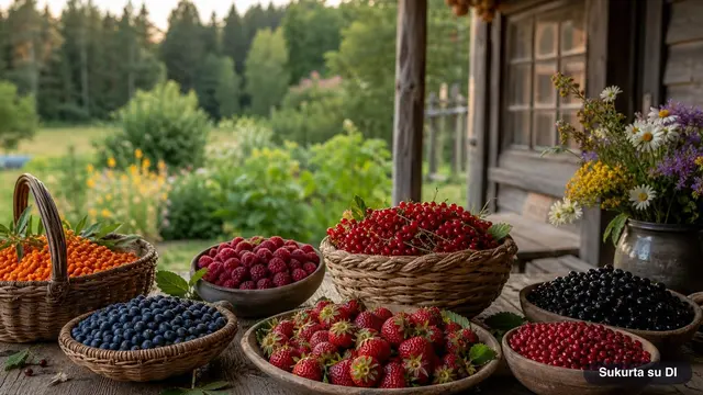 Krepšeliai ir dubenys su ką tik surinktomis braškėmis, mėlynėmis, avietėmis, serbentais, bruknėmis ir šaltalankiu ant sodybos stalo (iliustracija sukurta su DI)
