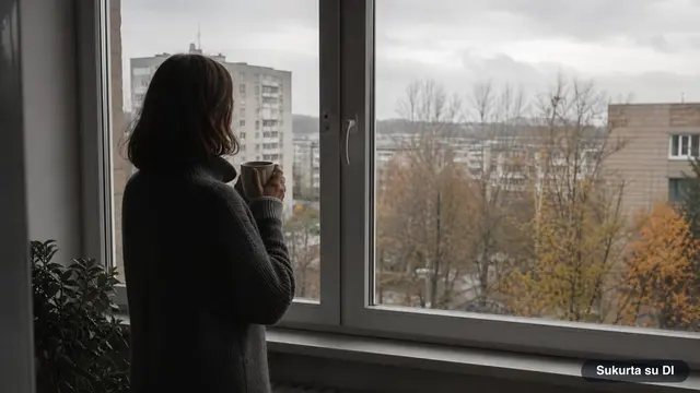 Žmogus su puodeliu stovi prie lango niūrią rudens dieną, ant stalo – žuvies patiekalas ir kiaušiniai