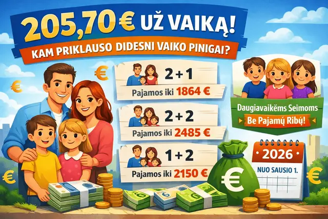 Vaiko pinigai 2026: 129,5 € ir 205,7 € papildoma išmoka, pajamų riba, kas laukia 2027 m.