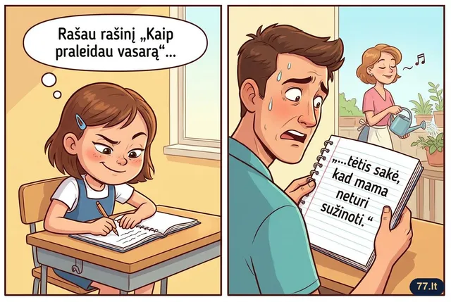 Vovytė rašo rašinį „Kaip praleidau vasarą“: „Vasarą praleidau puikiai. Daugiau papasakoti negaliu, nes tėtis sakė, kad mama neturi sužinoti.“