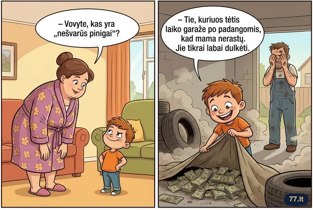 – Vovyte, kas yra „nešvarūs pinigai“?
– Tie, kuriuos tėtis laiko garaže po padangomis, kad mama nerastų. Jie tikrai labai dulkėti.