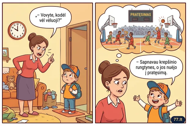 – Vovyte, kodėl vėl vėluoji?
– Sapnavau krepšinio rungtynes, o jos nuėjo į pratęsimą.