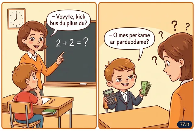 – Vovyte, kiek bus du plius du?
– O mes perkame ar parduodame?