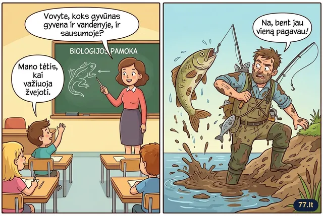 Biologijos pamoka:
– Vovyte, koks gyvūnas gyvena ir vandenyje, ir sausumoje?
– Mano tėtis, kai važiuoja žvejoti.
