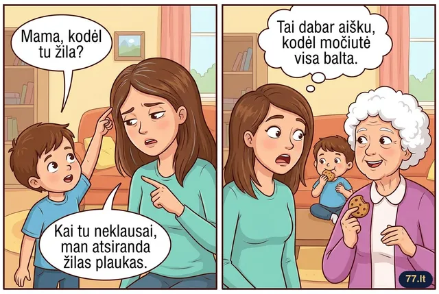 – Mama, kodėl tu žila?
– Kai tu neklausai, man atsiranda žilas plaukas.
– Tai dabar aišku, kodėl močiutė visa balta.