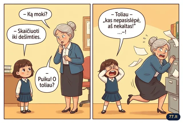 Vovytė stoja į mokyklą. Direktorė klausia:
– Ką moki?
– Skaičiuoti iki dešimties.
– Puiku! O toliau?
– Toliau – „kas nepasislėpė, aš nekaltas!“