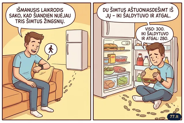 Išmanusis laikrodis sako, kad šiandien nuėjau tris šimtus žingsnių. Du šimtus aštuoniasdešimt iš jų – iki šaldytuvo ir atgal.