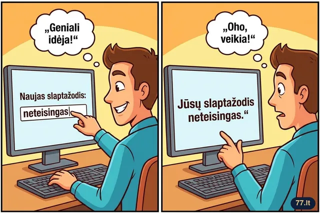 Slaptažodį pasikeičiau į „neteisingas“. Dabar, kai pamirštu, kompiuteris pats pasufleruoja: „Jūsų slaptažodis neteisingas.“