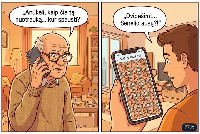 Senelis paskambino anūkui paklausti, kaip nusiųsti nuotrauką. Po pokalbio anūkas gavo dvidešimt nuotraukų senelio ausies.