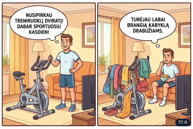 Nusipirkau treniruoklį dviratį. Dabar turiu labai brangią kabyklą drabužiams.