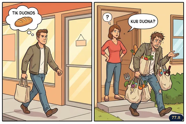 Lietuvis nueina į parduotuvę „tik duonos“ ir grįžta su keturiais maišais. Be duonos.