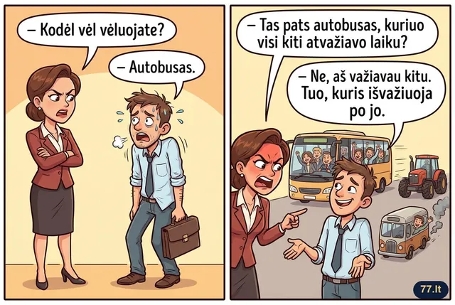 – Kodėl vėl vėluojate?
– Autobusas.
– Tas pats autobusas, kuriuo visi kiti atvažiavo laiku?
– Ne, aš važiavau kitu. Tuo, kuris išvažiuoja po jo.