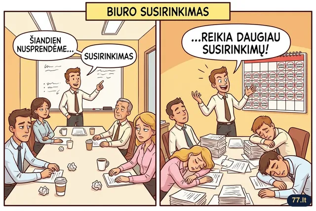 Šiandien vėl turėjome susirinkimą, kuriame nusprendėme, kad reikia daugiau susirinkimų.