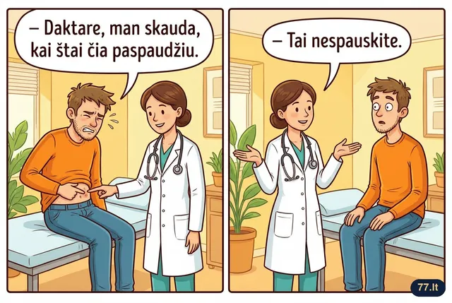 – Daktare, man skauda, kai štai čia paspaudžiu.
– Tai nespauskite.