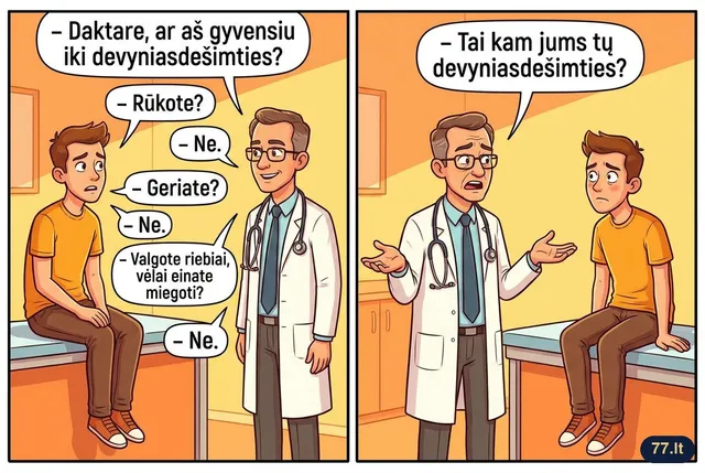 – Daktare, ar aš gyvensiu iki devyniasdešimties?
– Rūkote?
– Ne.
– Geriate?
– Ne.
– Valgote riebiai, vėlai einate miegoti?
– Ne.
– Tai kam jums tų devyniasdešimties?